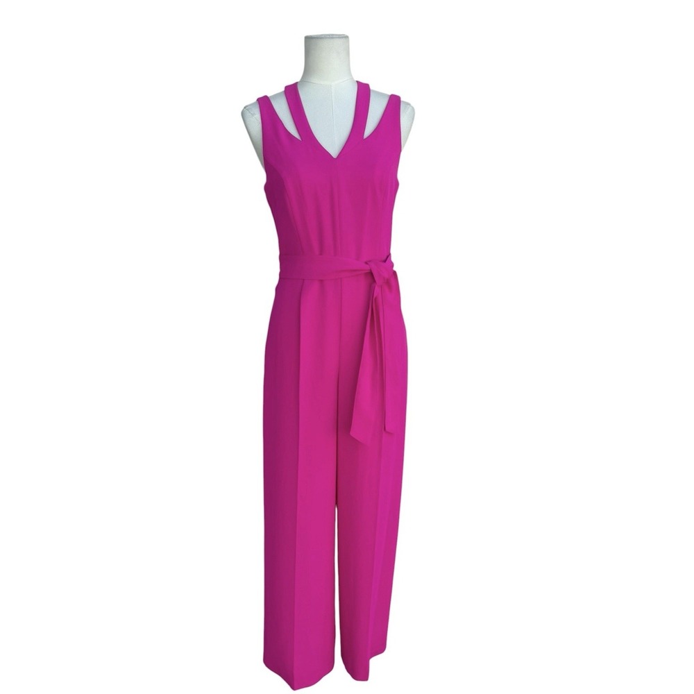 CeCe Fuchsia Pink Wide Leg Jumpsuit Womens 4 Belted Sleeveless Wedding Guest